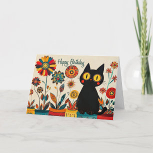 Happy Birthday Black Cat mit Blume Dankeskarte