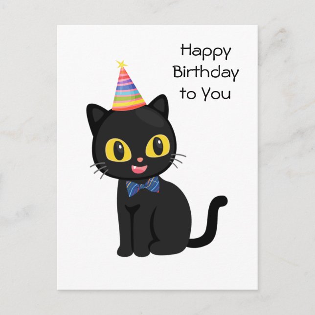 Happy Birthday Black Cat mit Party Hat Postkarte (Vorderseite)