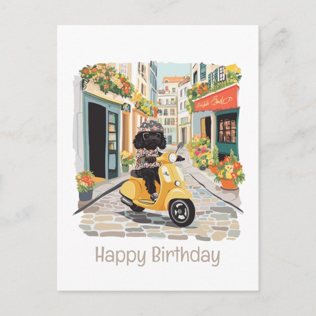Happy Birthday Black Doodle Riding Scooter Postkarte (Vorderseite)