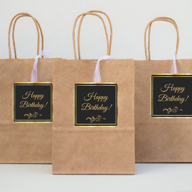 Happy Birthday Black Gold eleganten Typ Quadratischer Aufkleber (Von Creator hochgeladen)