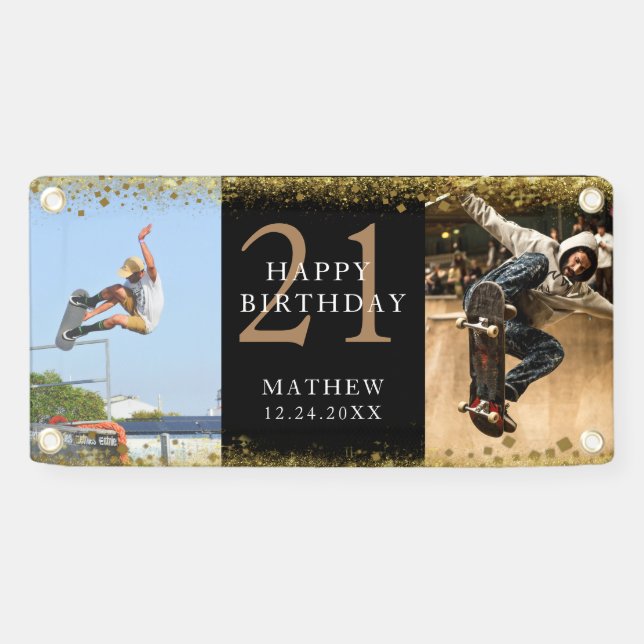 Happy Birthday Black & Gold Glitzer Sparkle Party Banner (Horizontal)