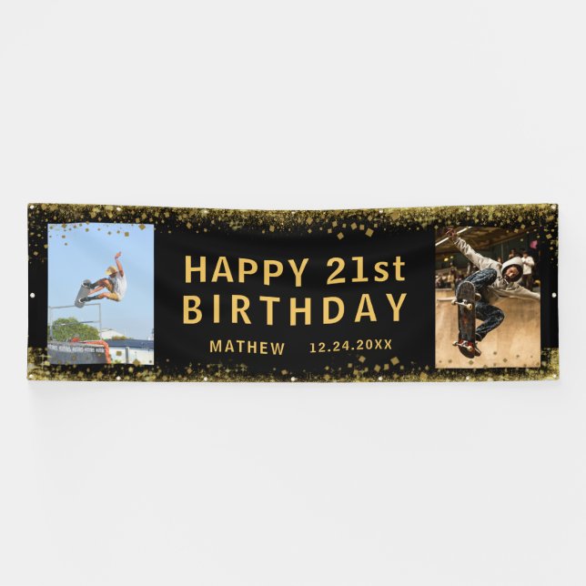 Happy Birthday Black & Gold Glitzer Sparkle Party Banner (Horizontal)