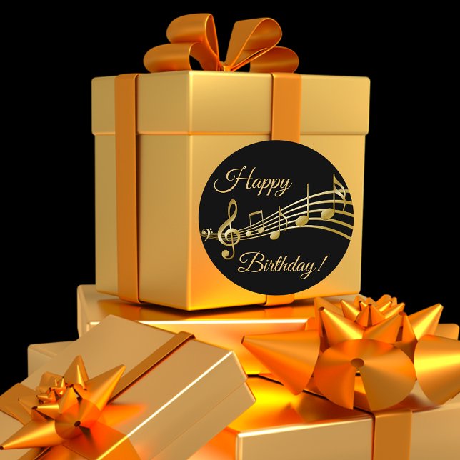 Happy Birthday Black Gold Musiknoten Runder Aufkleber (Von Creator hochgeladen)