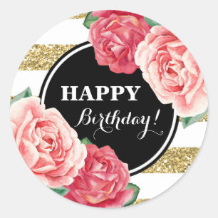 Happy Birthday Black Gold Streifen Pink Floral Runder Aufkleber
