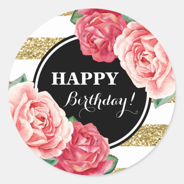 Happy Birthday Black Gold Streifen Pink Floral Runder Aufkleber (Vorderseite)