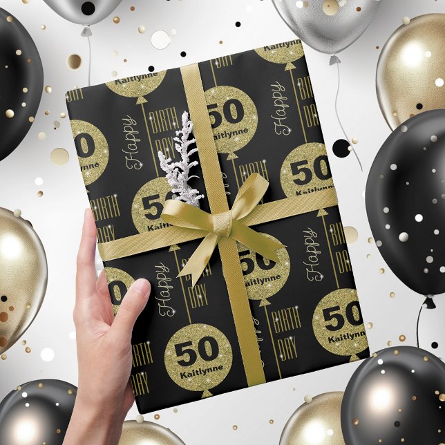Happy Birthday Black Gold Wrapping Paper Geschenkpapier (Von Creator hochgeladen)