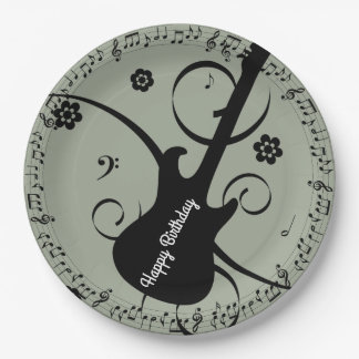 Happy Birthday Black Musiknotens Gitarre Blume Pappteller