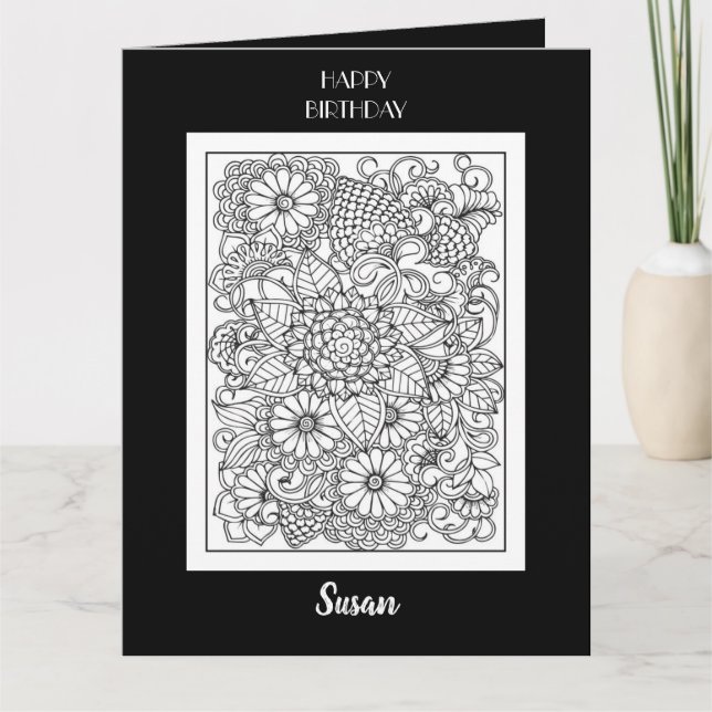 Happy Birthday Black & White Floral Coloring Card Karte (Vorderseite)