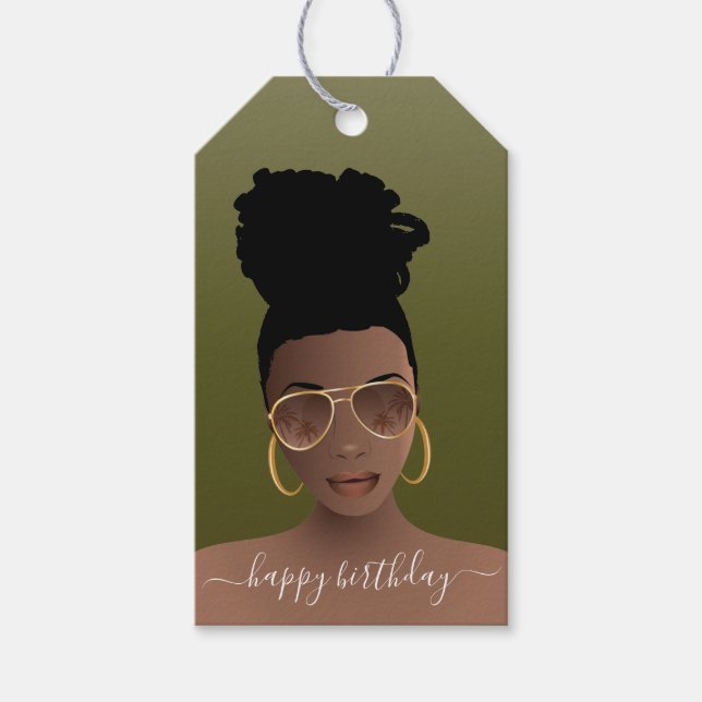 Happy Birthday, Black Woman Shades Olive Green Geschenkanhänger (Vorderseite)