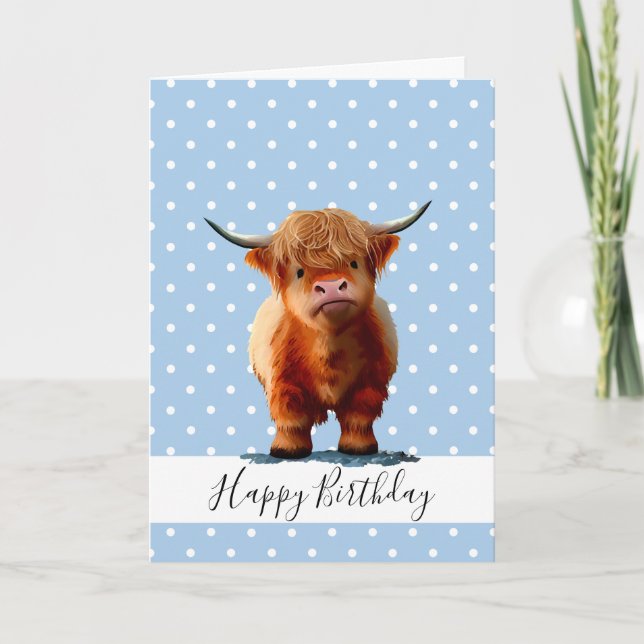 HAPPY BIRTHDAY BLAUE BOY LONG HAIR BROWN COW CARD KARTE (Vorderseite)