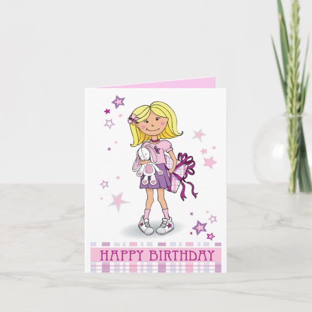 Happy Birthday Blonde Girl mit Geschenk Geburtstag Karte (Vorderseite)