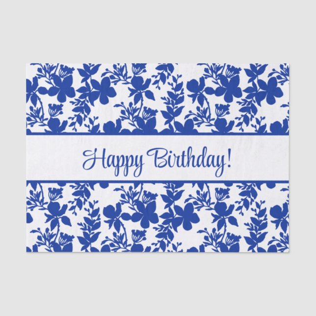 Happy Birthday Blue Azure Blumenmuster Seidenpapier (Vorderseite)