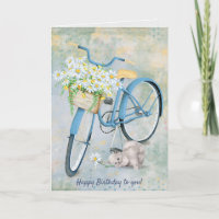 Happy Birthday blue bike with cat and daisy