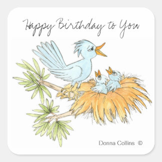 Happy Birthday Blue Birds Quadratischer Aufkleber