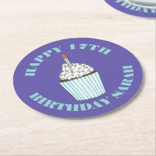 Happy Birthday Blue Cupcake Sprinkles Zuckerguss Runder Pappuntersetzer