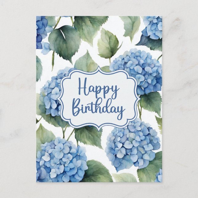 Happy Birthday Blue Hydrangea Blume Aquarell Postkarte (Vorderseite)