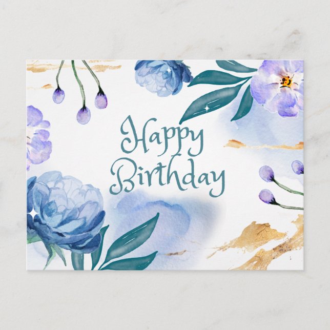 Happy Birthday Blue und Lila Aquarellfarben Blume Postkarte (Vorderseite)
