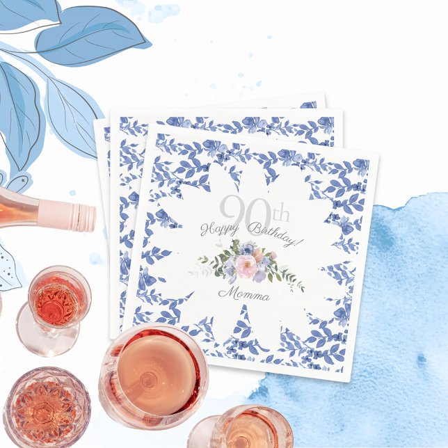 Happy Birthday Blue White Florals Napkins Serviette (Von Creator hochgeladen)