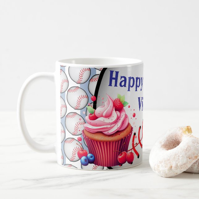 Happy Birthday Blue & White Stripe Baseball Kaffeetasse (Mit Donut)