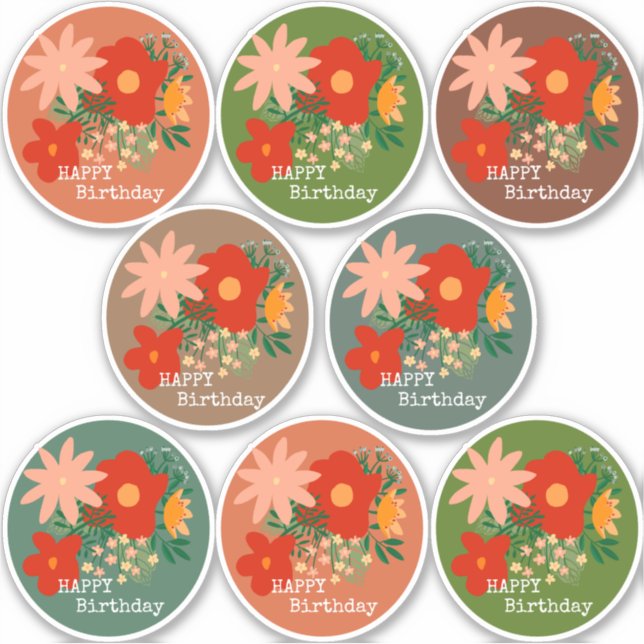 HAPPY Birthday Blume Bouquet Aufkleber 6 Farben (Vorderseite)
