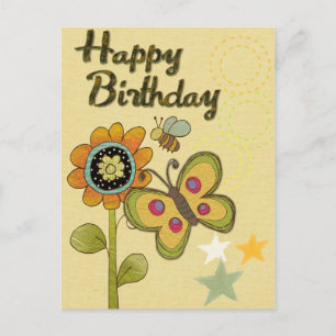 Happy Birthday Blume Butterfly Biene Nature Postkarte
