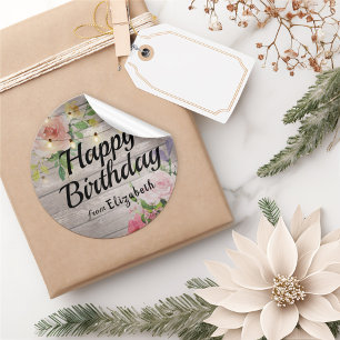 Happy Birthday Blume Rustic Holz String Lights Runder Aufkleber