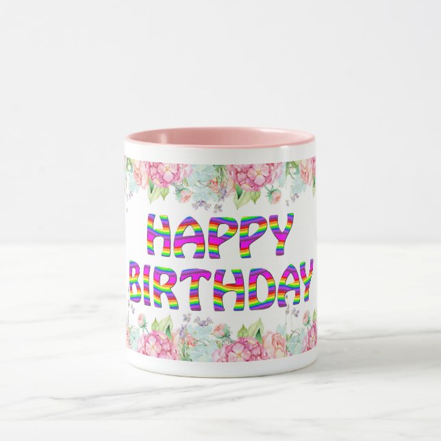 Happy Birthday Blumendesign Tasse (Zentrum)
