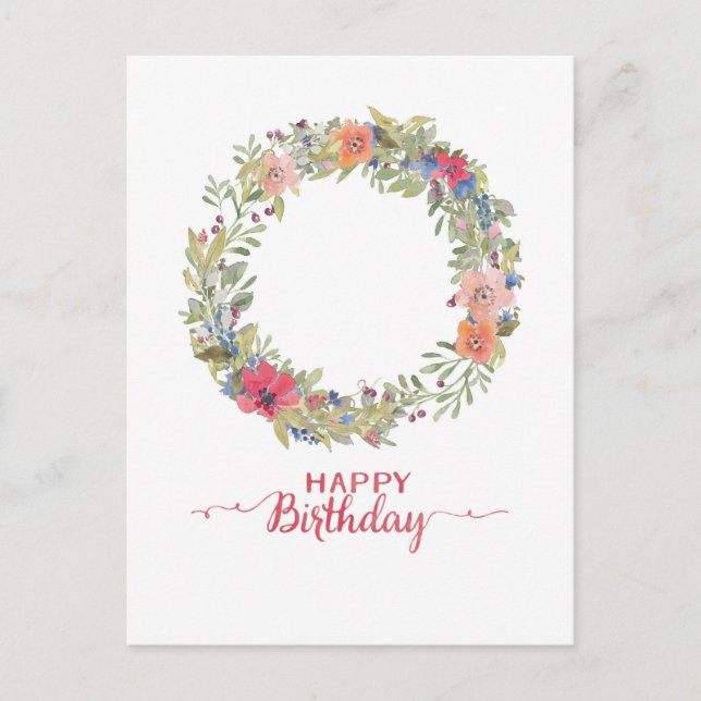 Happy Birthday Blumenkranz Aquarell Postkarte (Vorderseite)