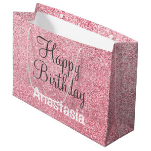 Happy Birthday Blush Pink Rose Gold Glitzer Name Große Geschenktüte