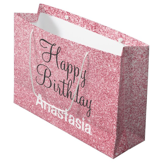 Happy Birthday Blush Pink Rose Gold Glitzer Name Große Geschenktüte (Vorderseite Schrägansicht)
