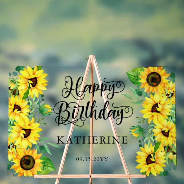 Happy Birthday Boho Sunflowers | Eukalyptus-Party Acrylschild (Neutral)