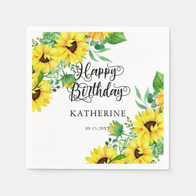 Happy Birthday Boho Sunflowers | Eukalyptus Serviette (Vorderseite)