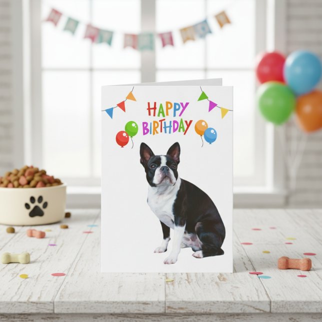 Happy Birthday Boston Terrier Balloons und Banner Karte (Happy Birthday Boston Terrier Balloons and Banner Card)