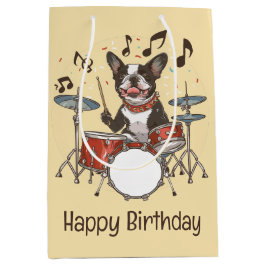 Happy Birthday Boston Terrier Dog Playing Drums Mittlere Geschenktüte