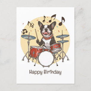 Happy Birthday Boston Terrier Dog Playing Drums Postkarte