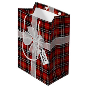 Happy Birthday Bow auf Tartan Kariert Mittlere Geschenktüte