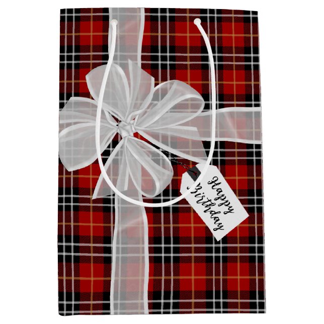 Happy Birthday Bow auf Tartan Kariert Mittlere Geschenktüte (Vorderseite)