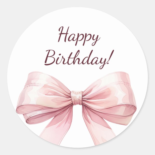 Happy Birthday Bow Pink elegant Runder Aufkleber (Vorderseite)