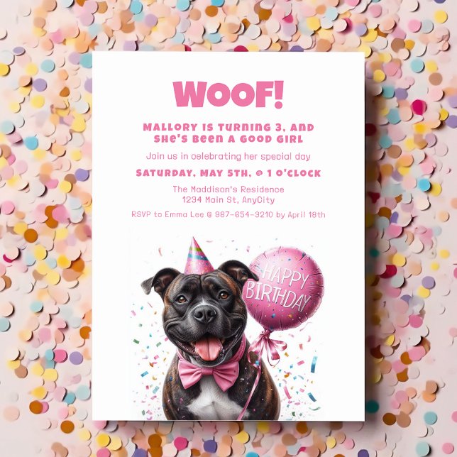 Happy Birthday Boxer mit Pink Balloon Custom Einladung (Happy Birthday Boxer Dog wearing party hat for a Party Invitation Balloon with confetti)