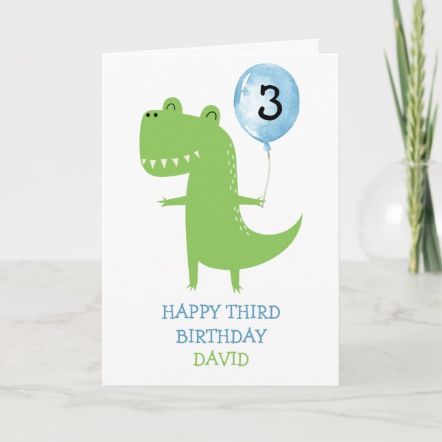 Happy Birthday Boy Dinosaur T-Rex Niedlich Balloon Karte (Vorderseite)