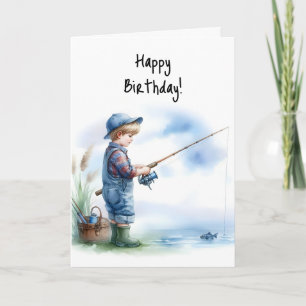 Happy Birthday Boy Fishing Pond Blue Hat Overalls Karte