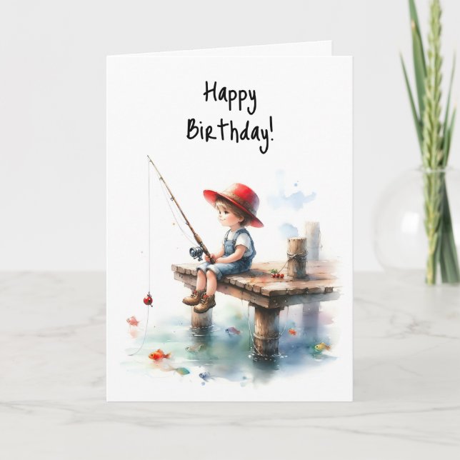 Happy Birthday Boy Fishing Pond Pier Red Hat Karte (Vorderseite)