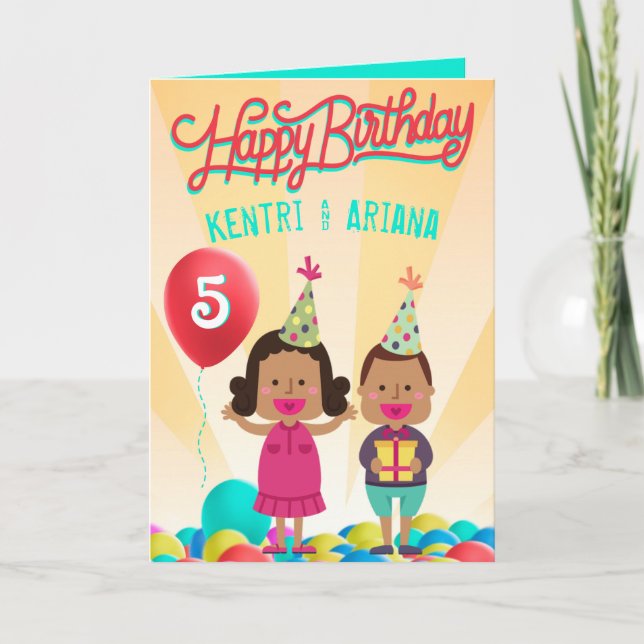 Happy Birthday {Boy & Girl}Ethnic Twins Ballon Karte (Vorderseite)