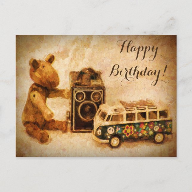 Happy Birthday braunes Vintages Spielzeug aus Holz Postkarte (Vorderseite)