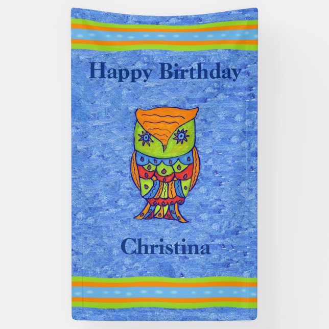 Happy Birthday Bright Fantasy Owl Star Eyes Banner (Vertikal)