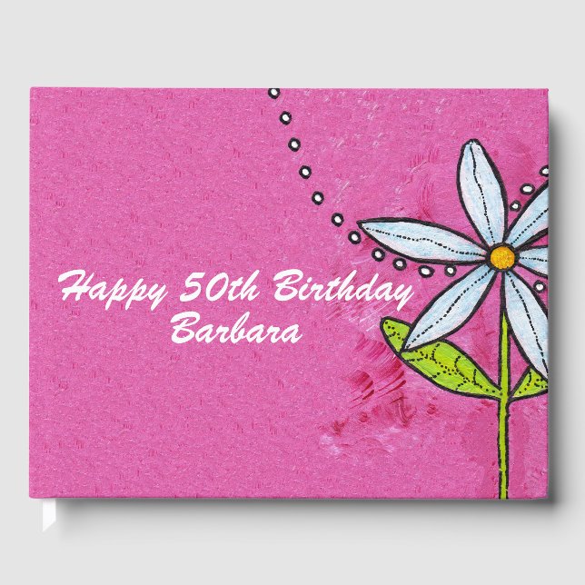 Happy Birthday Bright Pink Bold White Daisy Gästebuch (Vorderseite)