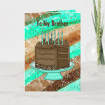 Happy Birthday Brother Karte<br><div class="desc">Aquamarine und braune Happy Birthday Card für einen Bruder. Niedliche handgezeichnete Grafik von Schokoladenkuchen,  Kerzen und Geschenken.</div>
