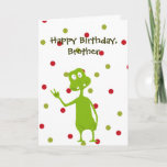 Happy Birthday Brother Space Alien Karte<br><div class="desc">Geburtstagskarte für diesen besonderen Bruder. Zeichn der Alien der Grünflächen auf einem roten und grünen Polka-Punkt-Hintergrund. Sie können den Text bearbeiten,  um diese Karte für jeden und/oder jede Gelegenheit anzupassen.</div>