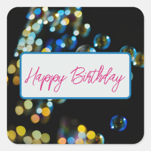 Happy Birthday Bubbles Custom Text Extravagant Scr Quadratischer Aufkleber