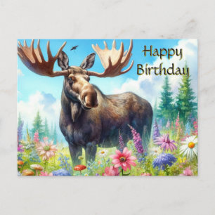 Happy Birthday Bull Elch und Wildblumen Postkarte
